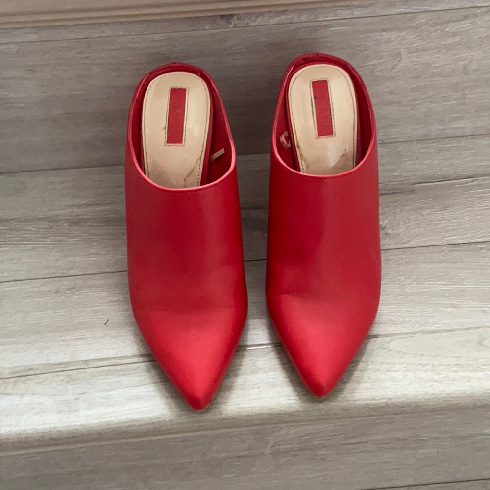 Red block heeled shoes